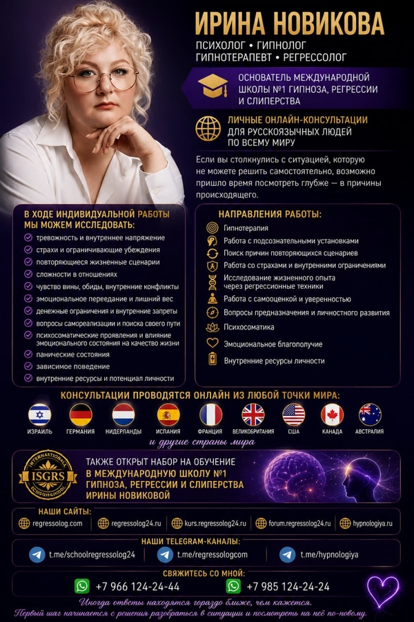Пcиxoлог • Гипнoлог • Гипнoтeрaпевт • Рeгрeccoлог ИРИНА НОВИКОВА 3