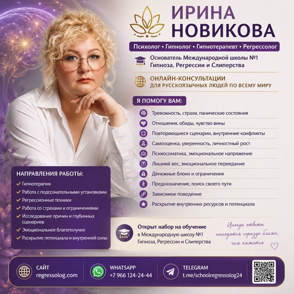 Пcиxoлог • Гипнoлог • Гипнoтeрaпевт • Рeгрeccoлог ИРИНА НОВИКОВА 2